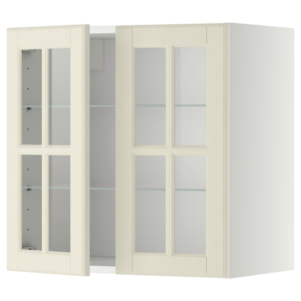METOD wall cabinet w shelves/2 glass drs, white/Bodbyn off-white, 60x60 cm