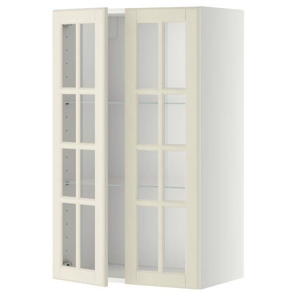 METOD wall cabinet w shelves/2 glass drs, white/Bodbyn off-white, 60x100 cm