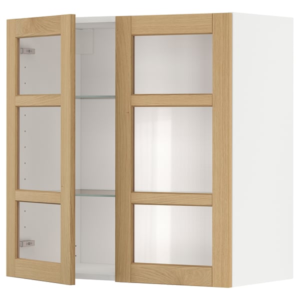 METOD wall cabinet w shelves/2 glass drs, white/Forsbacka oak, 80x80 cm