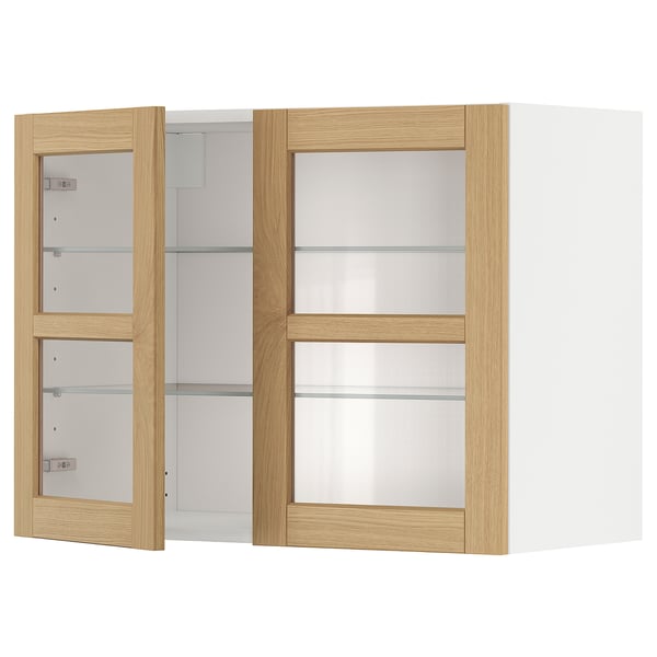 METOD wall cabinet w shelves/2 glass drs, white/Forsbacka oak, 80x60 cm