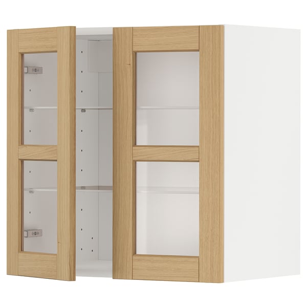 METOD wall cabinet w shelves/2 glass drs, white/Forsbacka oak, 60x60 cm