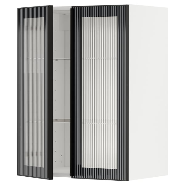 METOD wall cabinet w shelves/2 glass drs, white/Hejsta anthracite reeded glass, 60x80 cm