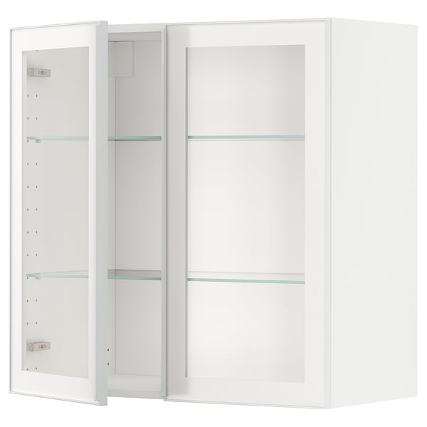 METOD wall cabinet w shelves/2 glass drs, white/Hejsta white clear glass, 80x80 cm