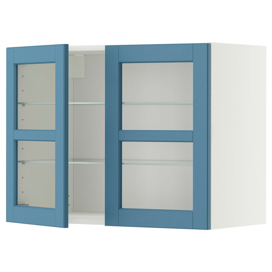 METOD wall cabinet w shelves/2 glass drs, white/Lerhyttan blue, 80x60 cm
