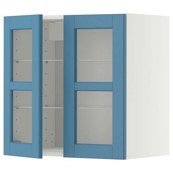 METOD wall cabinet w shelves/2 glass drs, white/Lerhyttan blue, 60x60 cm