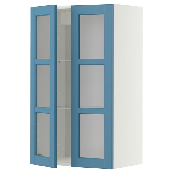 METOD wall cabinet w shelves/2 glass drs, white/Lerhyttan blue, 60x100 cm