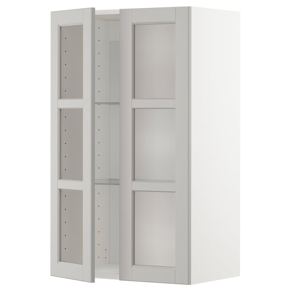 METOD wall cabinet w shelves/2 glass drs, white/Lerhyttan light grey, 60x100 cm