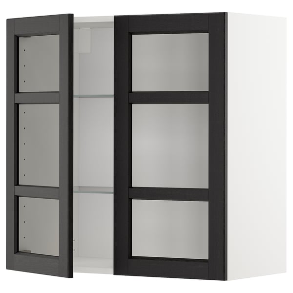 METOD wall cabinet w shelves/2 glass drs, white/Lerhyttan black stained, 80x80 cm