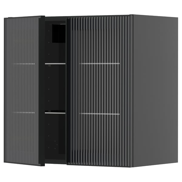 METOD wall cabinet w shelves/2 glass drs, black-grey/Hejsta anthracite reeded glass, 60x60 cm