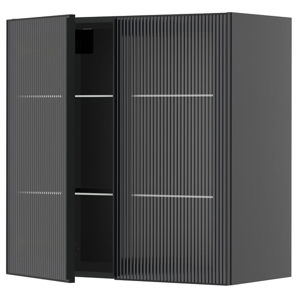 METOD wall cabinet w shelves/2 glass drs, black-grey/Hejsta anthracite reeded glass, 80x80 cm