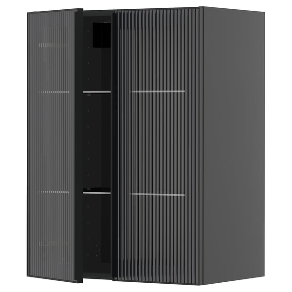 METOD wall cabinet w shelves/2 glass drs, black-grey/Hejsta anthracite reeded glass, 60x80 cm
