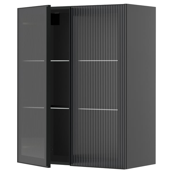 METOD wall cabinet w shelves/2 glass drs, black-grey/Hejsta anthracite reeded glass, 80x100 cm