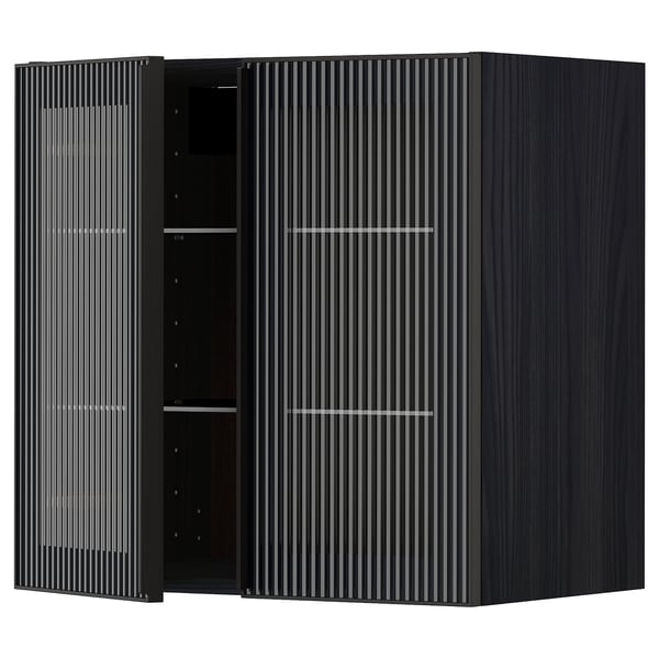 METOD wall cabinet w shelves/2 glass drs, black/Hejsta anthracite reeded glass, 60.0x60.0x38.8 cm