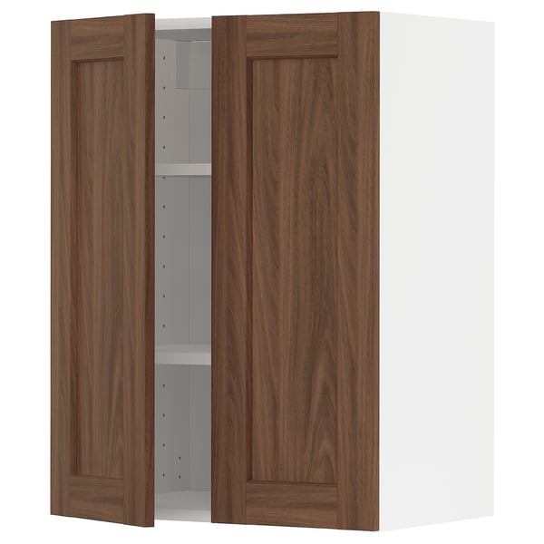 METOD wall cabinet with shelves/2 doors, white Enköping/brown walnut effect, 60x80 cm