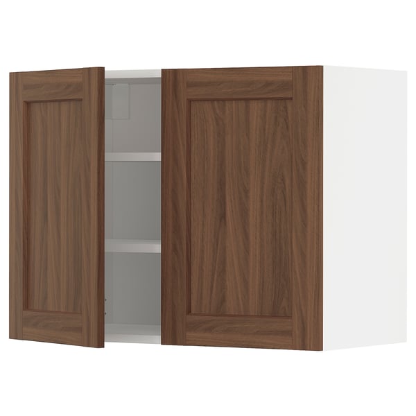 METOD wall cabinet with shelves/2 doors, white Enköping/brown walnut effect, 80x60 cm