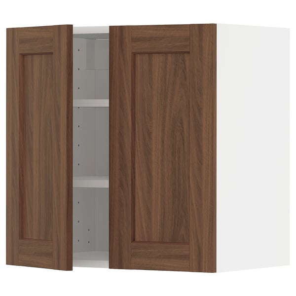 METOD wall cabinet with shelves/2 doors, white Enköping/brown walnut effect, 60x60 cm