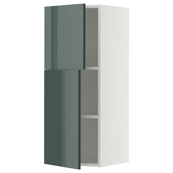 METOD wall cabinet with shelves/2 doors, white/Kallarp high-gloss dark grey-green, 40x100 cm