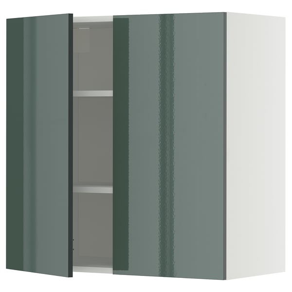 METOD wall cabinet with shelves/2 doors, white/Kallarp high-gloss dark grey-green, 80x80 cm