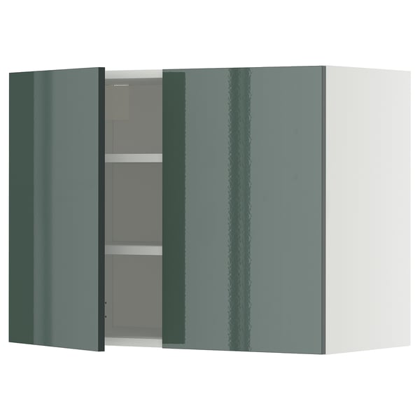 METOD wall cabinet with shelves/2 doors, white/Kallarp high-gloss dark grey-green, 80x60 cm