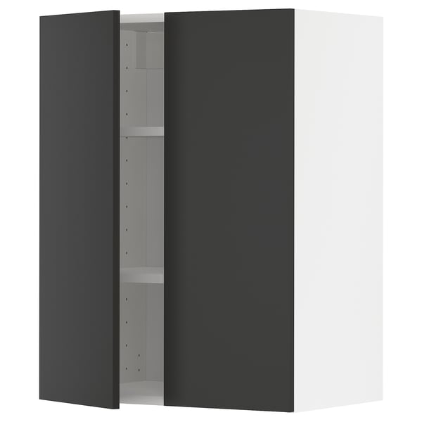 METOD wall cabinet with shelves/2 doors, white/Nickebo matt anthracite, 60x80 cm