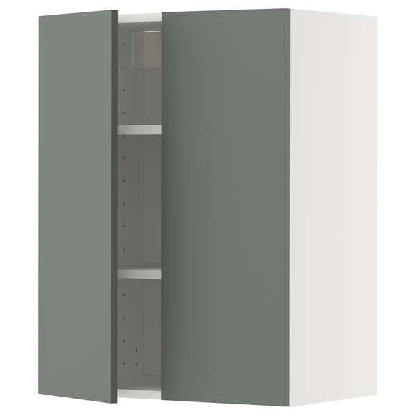 METOD wall cabinet with shelves/2 doors, white/Nickebo matt grey-green, 60x80 cm