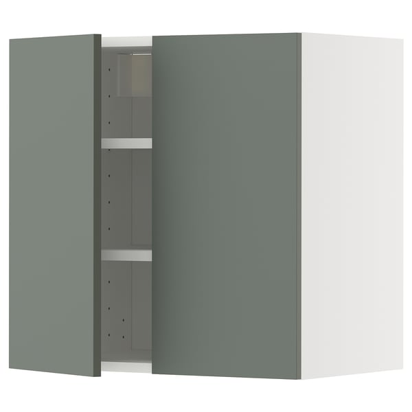 METOD wall cabinet with shelves/2 doors, white/Nickebo matt grey-green, 60x60 cm