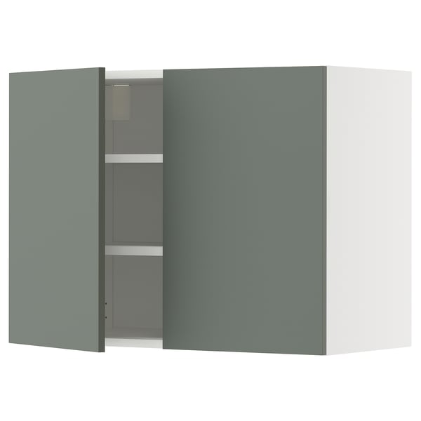 METOD wall cabinet with shelves/2 doors, white/Nickebo matt grey-green, 80x60 cm