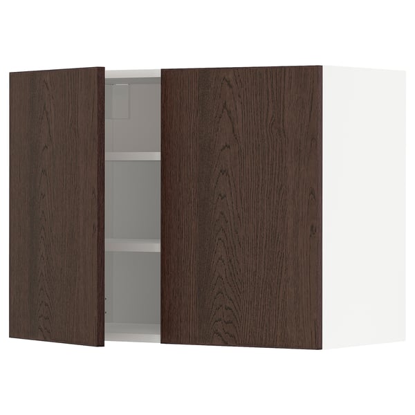 METOD wall cabinet with shelves/2 doors, white/Sinarp brown, 80x60 cm