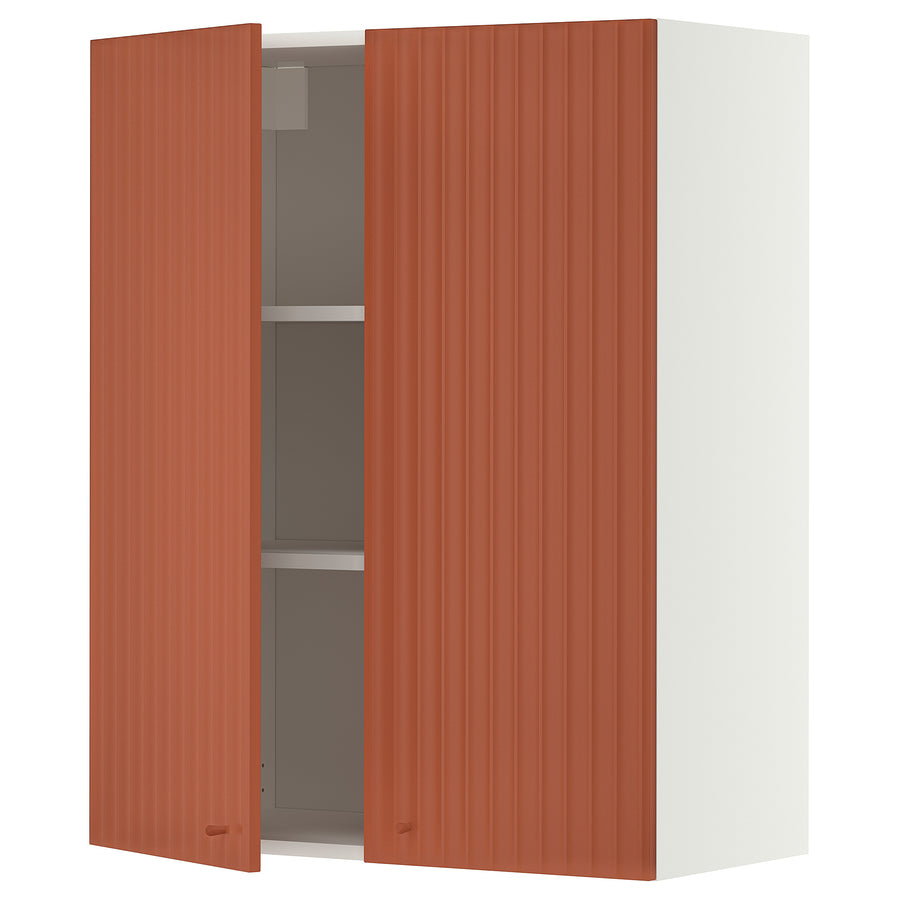 METOD wall cabinet with shelves/2 doors, white/Terrsjö red-brown wave pattern, 80x100 cm