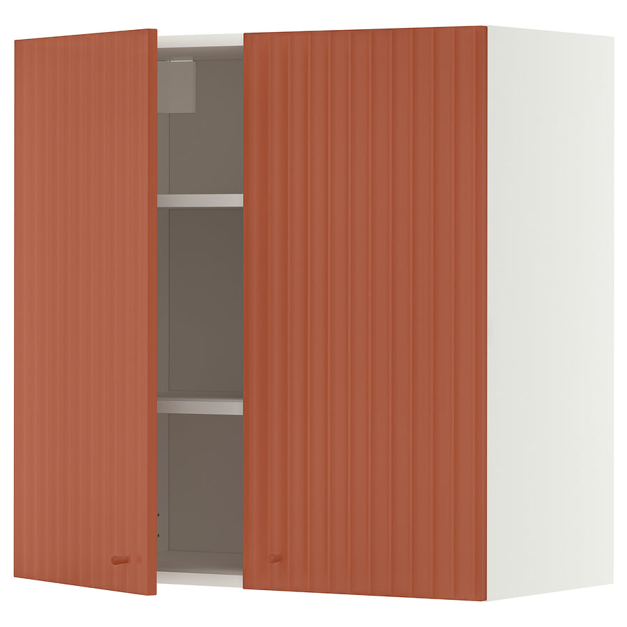 METOD wall cabinet with shelves/2 doors, white/Terrsjö red-brown wave pattern, 80x80 cm