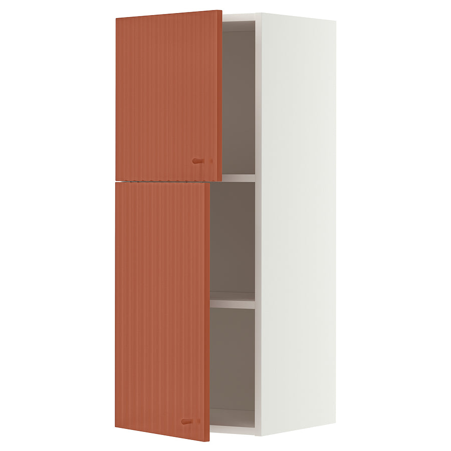 METOD wall cabinet with shelves/2 doors, white/Terrsjö red-brown wave pattern, 40x100 cm
