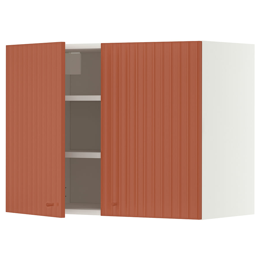 METOD wall cabinet with shelves/2 doors, white/Terrsjö red-brown wave pattern, 80x60 cm