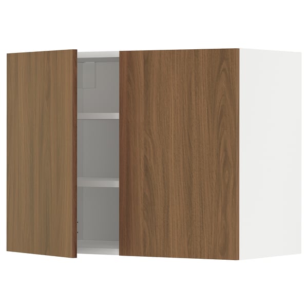 METOD wall cabinet with shelves/2 doors, white/Tistorp brown walnut effect, 80x60 cm
