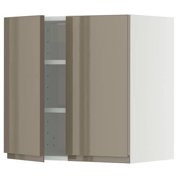 METOD wall cabinet with shelves/2 doors, white/Voxtorp high-gloss dark grey-brown, 60x60 cm