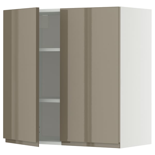 METOD wall cabinet with shelves/2 doors, white/Voxtorp high-gloss dark grey-brown, 80x80 cm