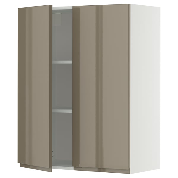 METOD wall cabinet with shelves/2 doors, white/Voxtorp high-gloss dark grey-brown, 80x100 cm
