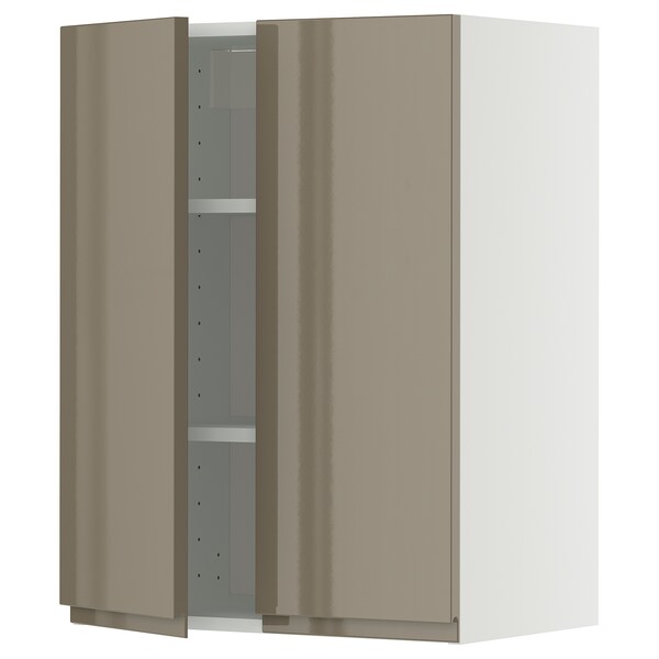 METOD wall cabinet with shelves/2 doors, white/Voxtorp high-gloss dark grey-brown, 60x80 cm