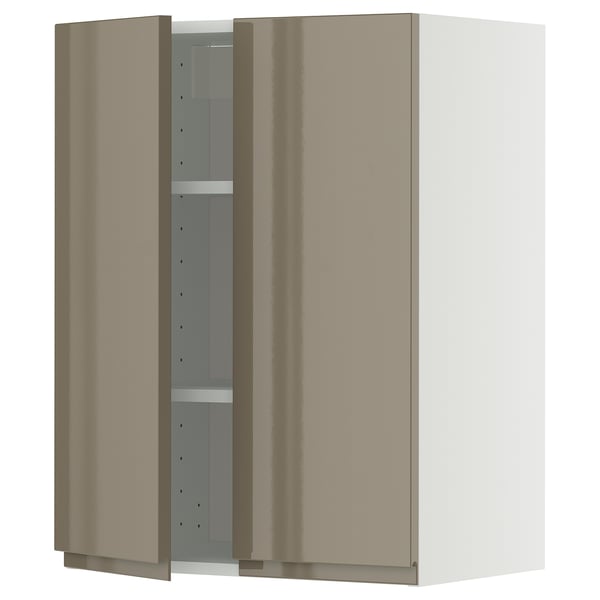 METOD wall cabinet with shelves/2 doors, white/Voxtorp high-gloss dark grey-brown, 60x80 cm