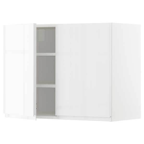 METOD wall cabinet with shelves/2 doors, white/Voxtorp high-gloss/white, 80x60 cm