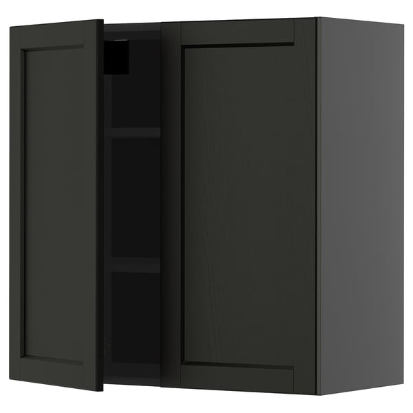 METOD wall cabinet with shelves/2 doors, black-grey/Lerhyttan black stained, 80x80 cm