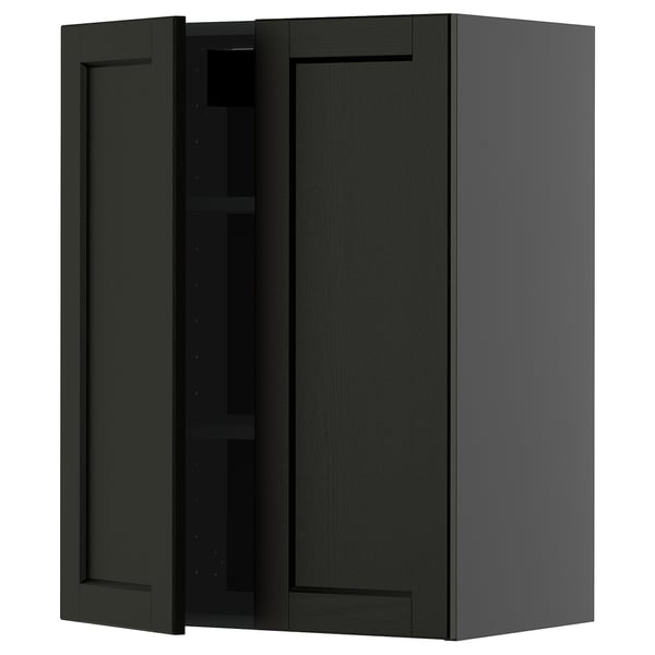 METOD wall cabinet with shelves/2 doors, black-grey/Lerhyttan black stained, 60x80 cm