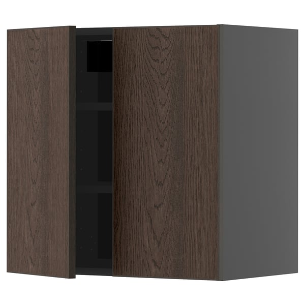 METOD wall cabinet with shelves/2 doors, black-grey/Sinarp brown, 60x60 cm