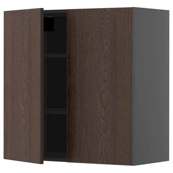 METOD wall cabinet with shelves/2 doors, black-grey/Sinarp brown, 80x80 cm