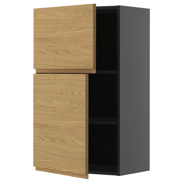 METOD wall cabinet with shelves/2 doors, black-grey/Voxtorp oak effect, 60x100 cm