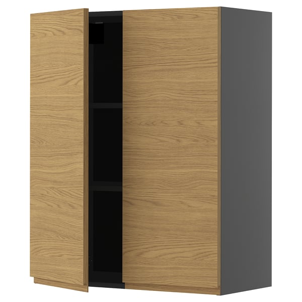 METOD wall cabinet with shelves/2 doors, black-grey/Voxtorp oak effect, 80x100 cm