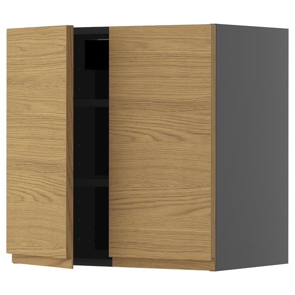 METOD wall cabinet with shelves/2 doors, black-grey/Voxtorp oak effect, 60x60 cm