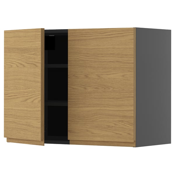 METOD wall cabinet with shelves/2 doors, black-grey/Voxtorp oak effect, 80x60 cm
