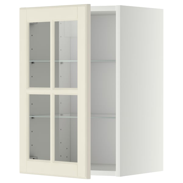 METOD wall cabinet w shelves/glass door, white/Bodbyn off-white, 40x60 cm