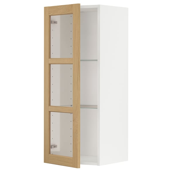 METOD wall cabinet w shelves/glass door, white/Forsbacka oak, 40x100 cm