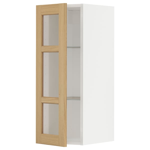 METOD wall cabinet w shelves/glass door, white/Forsbacka oak, 30x80 cm